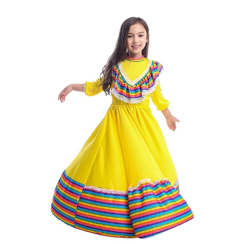 CAFELE فستان تقليدي مكسيكي للبنات بأسلوب وطني فستان أميرة لعيد الهالوين وكرنفال عيد الميلاد (أصفر، صغير) - Image 4